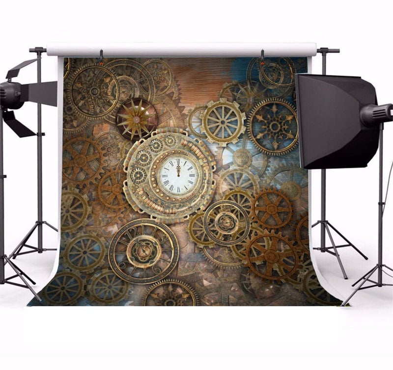 AOFOTO 7x7ft Retro Steampunk Backdrop Old Metal Gear Clock Vintage Cogwheels Photography Background Rusty Steam Machine Nostalgia Party Decoration Photo Studio Props Wallpaper Adult Man Woman Portrait - Image 2